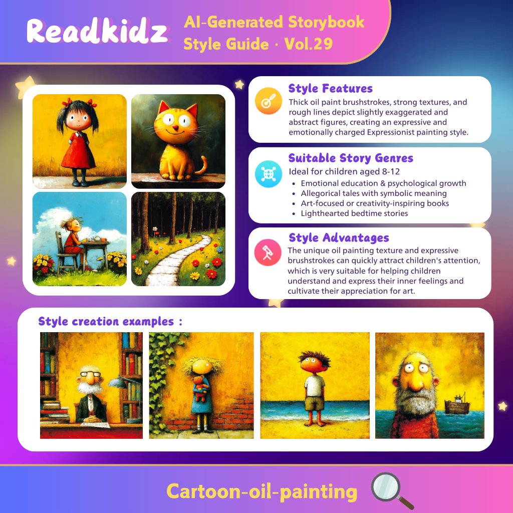 ReadKidz's tweet photo. 🎨 Style Guide Vol. 29: Cartoon Oil Painting Style! ✨

Looking for a style with emotional depth? Our Cartoon Oil Painting Style uses thick, expressive brushstrokes and rich textures to bring stories to life. With its soft, exaggerated figures and bold colors, this style is perfect for conveying complex feelings and sparking a child's artistic side. 🎨

📚 Perfect for:
Emotional education & psychological growth
Allegorical tales with symbolic meaning
Creativity-inspiring books
Lighthearted bedtime stories

The unique texture and expressive brushstrokes help children understand their inner feelings and cultivate a deep appreciation for art. 🤩

#Readkidz #AIArt #Storybook #ChildrensBooks #OilPainting #EmotionalGrowth #Illustration #ArtEducation