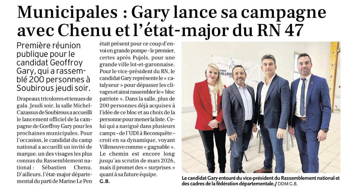 🗞️ #LaDépêche revient sur le lancement de campagne des #Municipales2026 de <a href="/GeoffroyGary47/">Gary Geoffroy</a> aux côtés de <a href="/sebchenu/">Sébastien Chenu</a> et du <a href="/RNLotetGaronne/">Rassemblement National du Lot-et-Garonne</a>. ⤵️