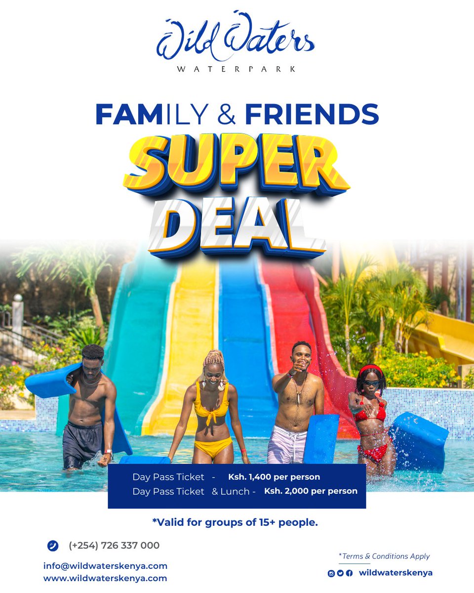 WildWatersKE's tweet photo. Our Family & Friends Super Deal is made for big laughs, shared meals, and unforgettable moments. Because fun is always better when you share it. 💙

🎟️ Day Pass – Ksh 1,400 pp
🎟️ Day Pass + Lunch – Ksh 2,000 pp
(Valid for groups of 15+ people)

📍 Wild Waters Waterpark – Nyali, Mombasa
📲 Book now: 0726 337000

#family #wildwaters #mombasa