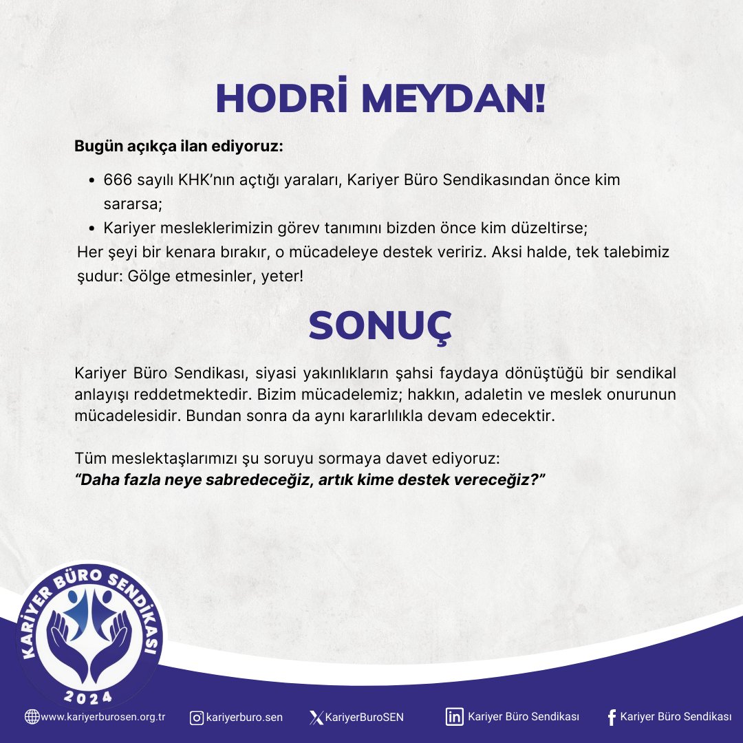 Kariyer Mesleklerde Adalet Mücadelesi: Hodri Meydan!

Kariyer Büro Sendikası olarak yalnızca bir yıl içerisinde yürüttüğümüz sendikal mücadelede önemli aşamalar kaydettik. Özellikle uzun yıllardır ihmal edilen ve mağduriyetleri görmezden gelinen kariyer meslek mensuplarımız için