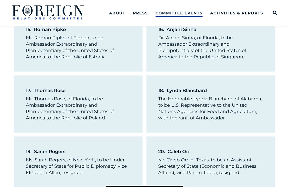 matraszek's tweet image. W środę 17 września Komisja Spraw Zagranicznych Senatu USA zatwierdzi @TomRoseIndy jako ambasadora USA w Polsce foreign.senate.gov/hearings/busin…
