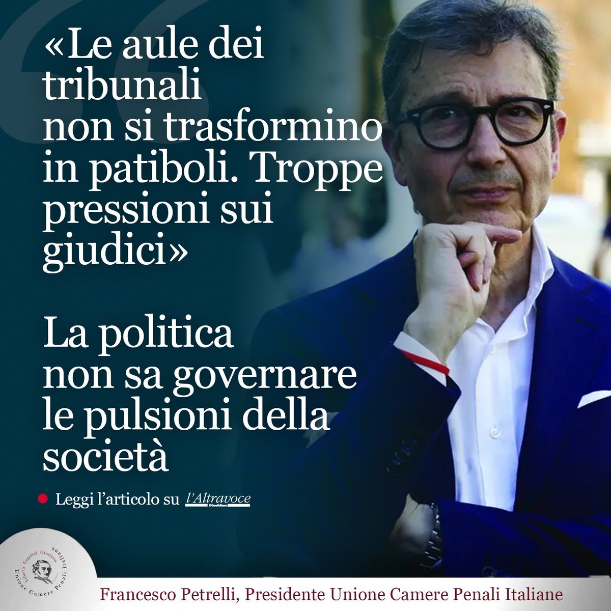 Le aule giudiziarie non si trasformino in patiboli. Troppe pressioni sui giudici.
La politica non sa governare le pulsioni della società.

La mia intervista per L’Altravoce ⬇️
camerepenali.it/cat/13262/le_a…