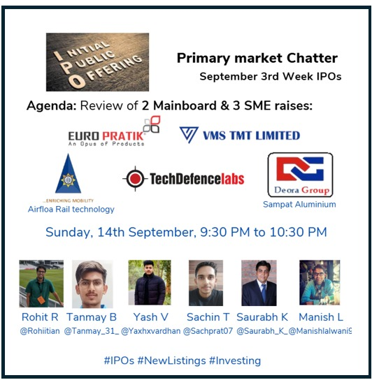 manishlalwani9's tweet photo. IPO Opinions September 3rd Week IPOs with @rohiitian, @Tanmay_31_, @sachprat07, @Saurabh_K_ & I tomorrow evening 9:30 PM
We covered 2 Mainboard #Europratik, #VMStmt & 3 SME #AirfloaRailTechnology, #TechDefence, #SampatAluminium
Space link in 1st comment https://t.co/NYLd2VOl1y