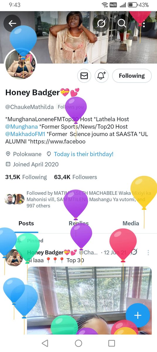 Happy birthday my more, Xikwembu xi ndzi hlayisela wena, xi humelerisa ku navela ka mbilu ya wena, xi ku nyika ntsako, rirhandzu na mali yo tala uta kota ku ndzi lovola.🎂🎂🎂🎉🎉🎉🎉🎉
<a href="/ChaukeMathilda/">Honey Badger💝💕</a>