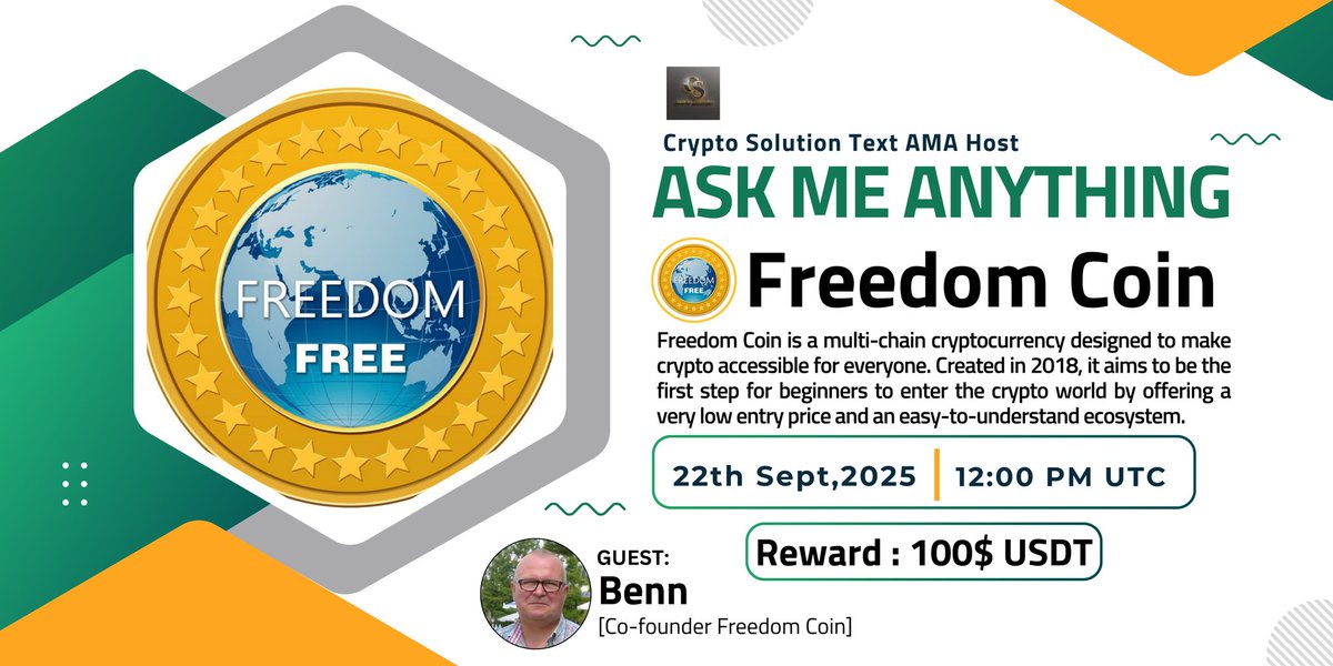 CryptoSolutionG's tweet image. 🔊 #TEXTAMA Crypto Solution Glad To Announce With Freedom Coin

⏰ Date : 22Th September 2025
🕒Time : 12:00 PM UTC
💰Reward : $100 USDT  

💬 Guest :
~ Benn
[Co-founder Freedom Coin ]

🏠Venue:
 t.me/CryptoSolution…

〽️Rules: 

1⃣ Follow : @CryptoSolutionG &amp;amp; @THE_FREE_COIN…