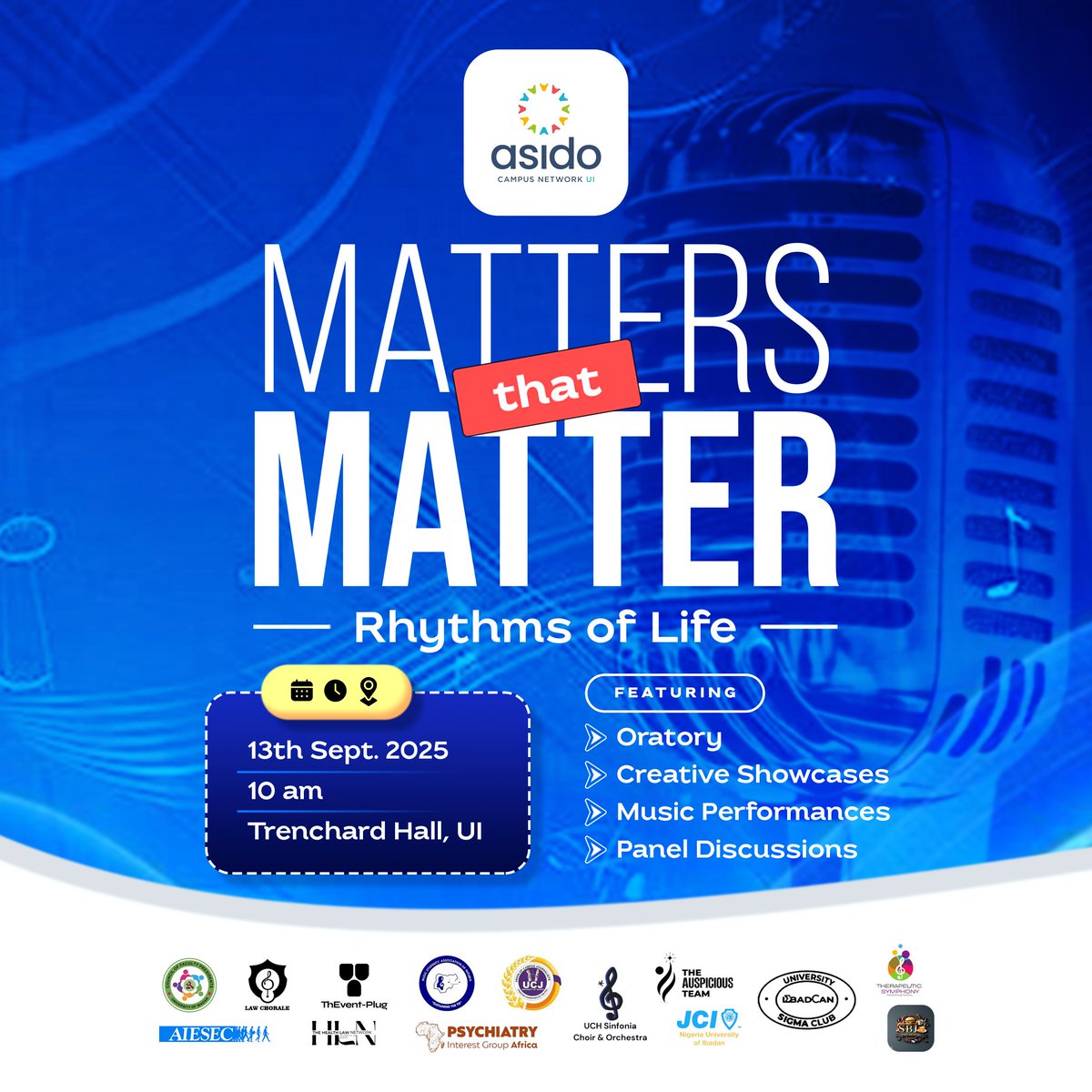 asidocampusnet's tweet photo. 🚨 HAPPENING TODAY! 🚨  

The wait is over! 💃🏽🕺🏽 The stage is set, the lights are on, and the atmosphere is about to be UNREAL! ⚡🎶
 MATTERS that MATTER: Rhythms of Life is  here.

📍 Trenchard Hall, UI 
🕙 10:00 AM – TODAY!  

👉 Register NOW: https://t.co/SxMC95NMd4 https://t.co/Aqwgg7EqKt