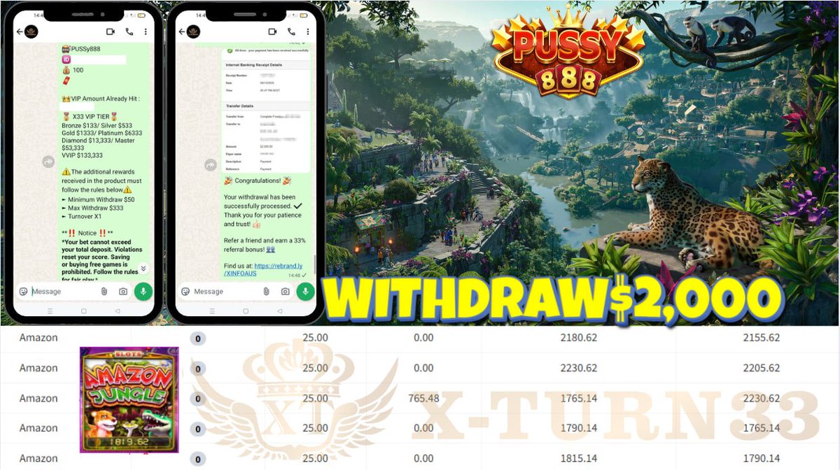 Xturn33's tweet photo. 🎊 Congratulation To Player Get  🎊 BIGWIN 🎊

🕹 Platform : PUSSY888
🎲 Game Name :  Amazon 
💵 Deposit ► AUD 100
💸 Withdrawal ► AUD$2,000

Find Us On :
WhatsApp📲 https://t.co/ldPxBRBVb6
Telegram📲   @Xserviceaus2 https://t.co/EAh0jfoqH3