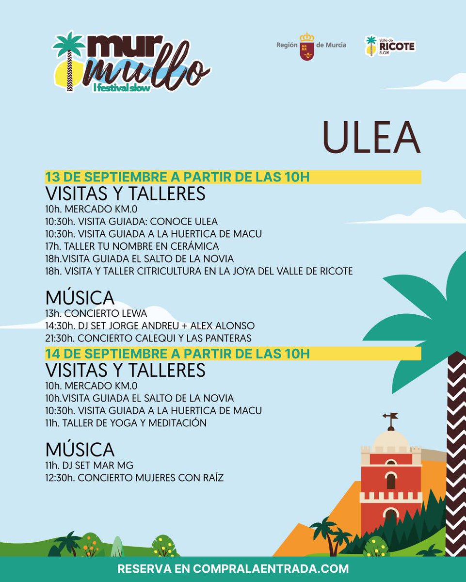 MTebarA's tweet photo. 🗓️ 1ª tanda musical en el #Murmullo: concierto de #Lewa + sesión DJ por #JorgeAndreu y #ÁlexAlonso + concierto de #CalequiYlasPanteras + sesión DJ por #MarMG + concierto de #MujeresConRaíz
📍 #Ulea, #ValleDelRicote ( #RegiónDeMurcia )
🎫 Libre –hasta completar el aforo– https://t.co/wI9A6UAq32