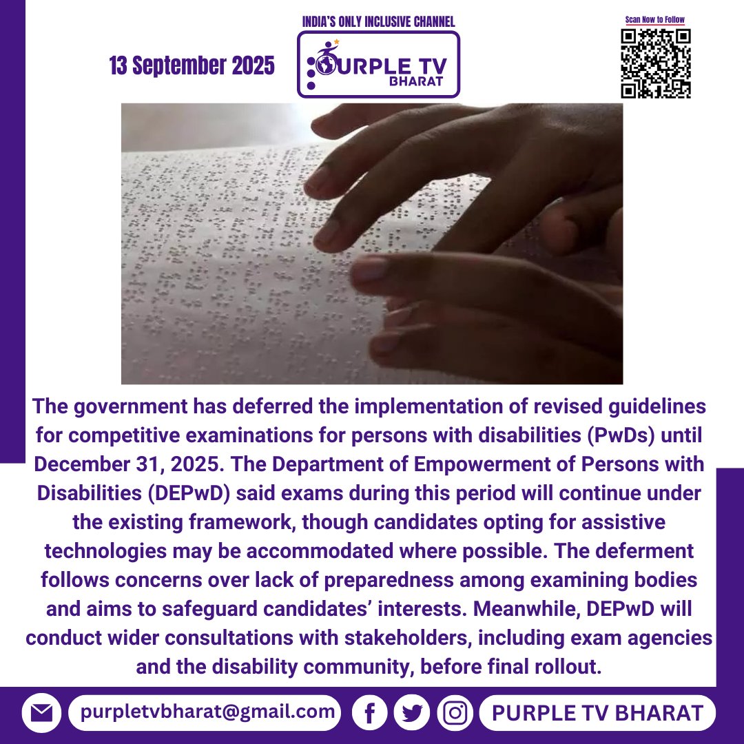 PurpleTVBharat's tweet image. Centre Defers New PwD Exam Rules to Dec 31
#PwD #ExamGuidelines #InclusiveEducation #DisabilityRights #Accessibility #DEPwD #EqualOpportunities