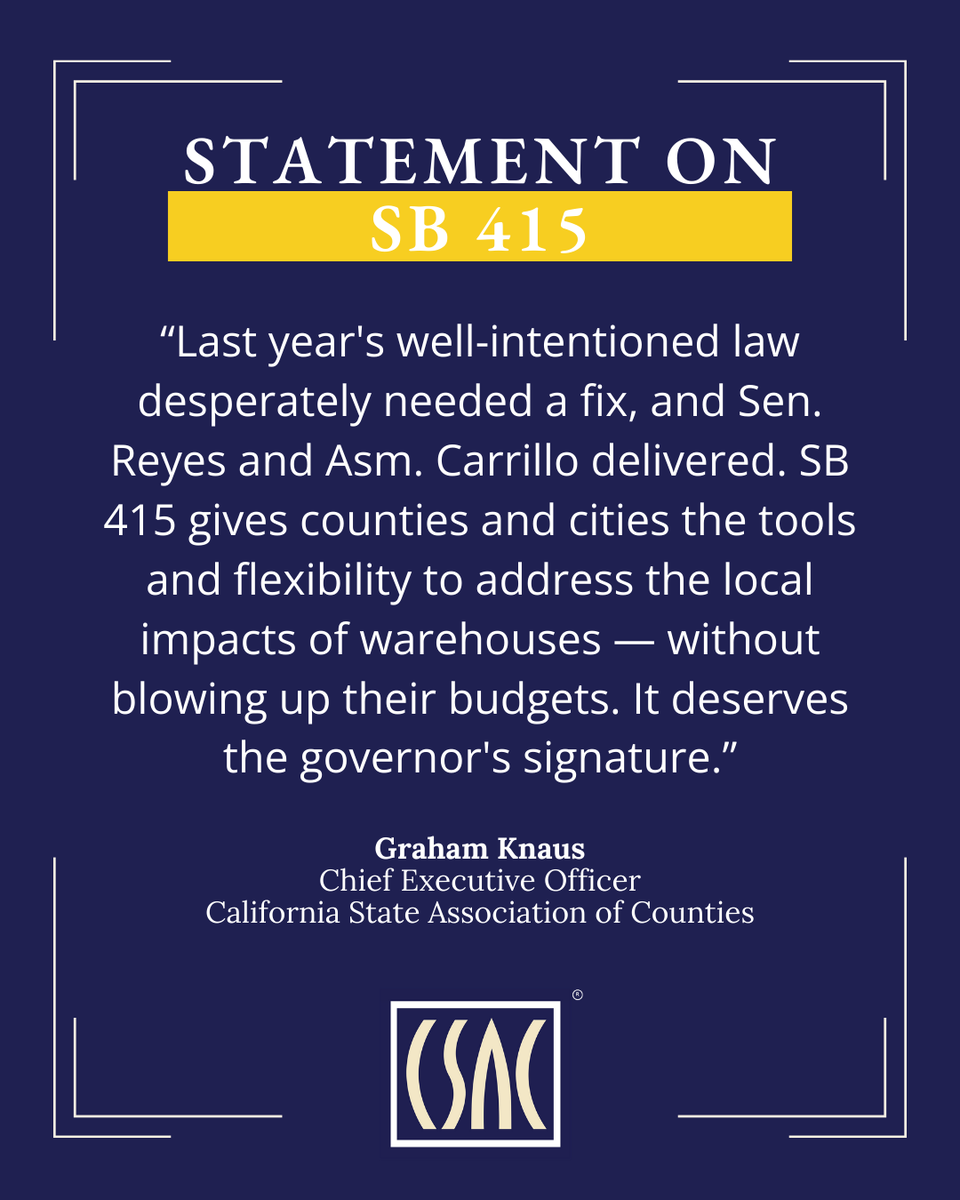 CSAC_Counties's tweet photo. It’s time to fix last year's #AB98 and give counties and cities the tools needed to move forward responsibly.
#SB415 by @SenEloiseReyes and @AsmJuanCarrillo now moves to the governor's desk.
Background: https://t.co/T5iKHlJ9ig https://t.co/fMRLrZA2bA