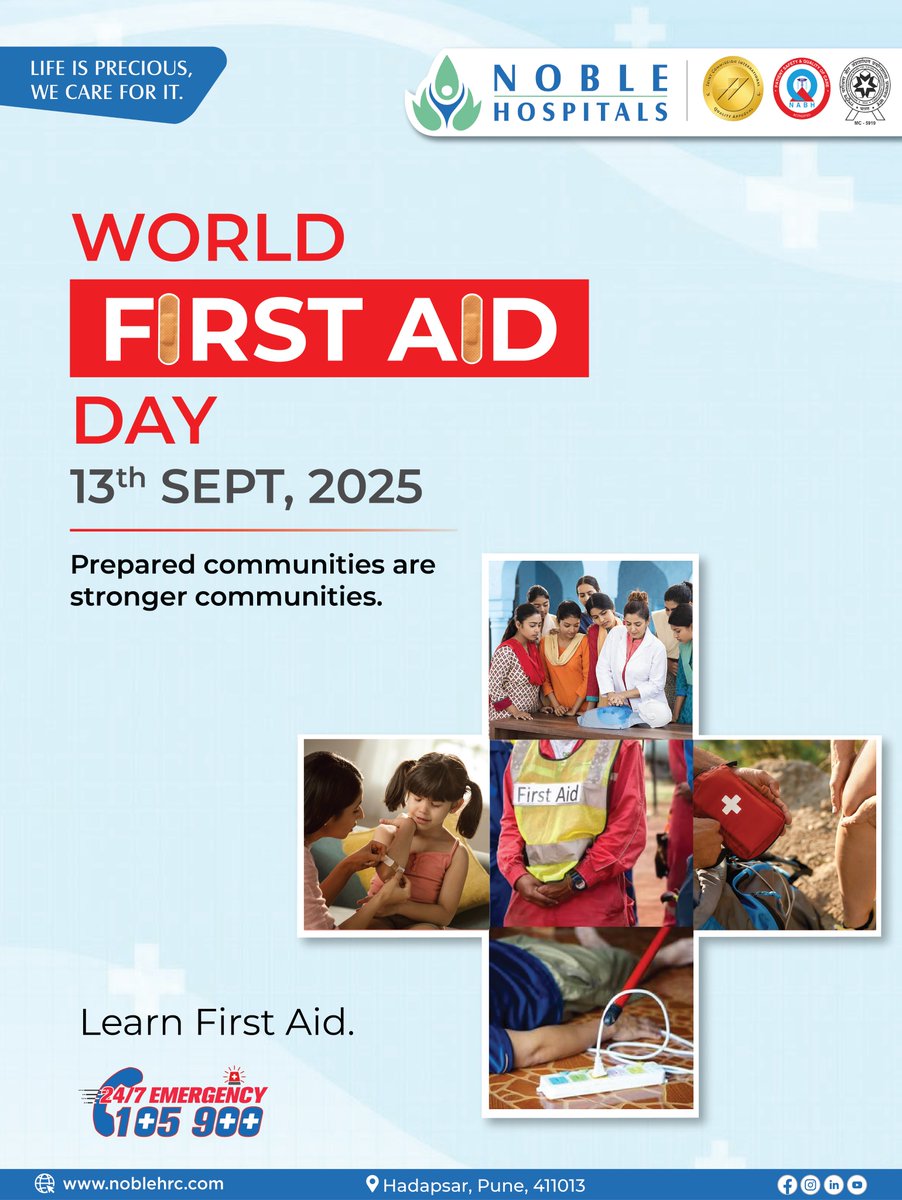 This #WorldFirstAidDay, Noble Hospitals, renowned Multispeciality Hospital in Pune, India — reminds you:
✅ Learn first aid
✅ Stay prepared
✅ Save lives
📞 24x7 Emergency Helpline: 105 900
#FirstAidSavesLives #EmergencyCare #NobleHospitals #Pune