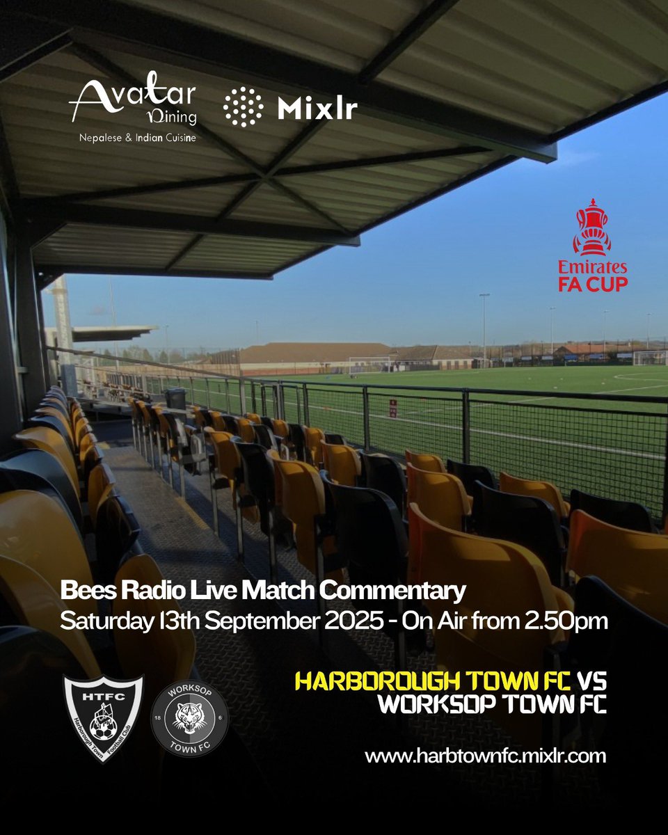 🎙 COMMENTARY NOTES 🐝

<a href="/HarbTownFC/">Harborough Town FC 🐝</a> 🆚 <a href="/worksoptownfc/">Worksop Town FC</a> 

<a href="/EmiratesFACup/">Emirates FA Cup</a> Football is back at the Beehive this afternoon, so is Bees Radio 🐝🎙️

Live on air from 2.50pm 🎧👇
🔗 harbtownfc.mixlr.com/events/4525274

#HARWOR | #UpTheBees | #Harborough
<a href="/hfmnews/">HFM News</a> | <a href="/BBCRLSport/">BBC Sport Leicester</a> | <a href="/HarbTownFC_ES/">Harborough Town FC 🐝</a>