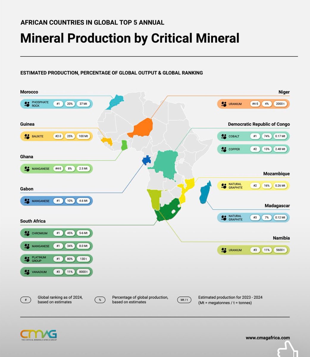 Africa leads in cobalt, platinum, uranium, phosphates - the backbone of the energy transition.
True power lies not in extraction, but in transformation.

#Africa #CriticalMinerals #EnergyTransition