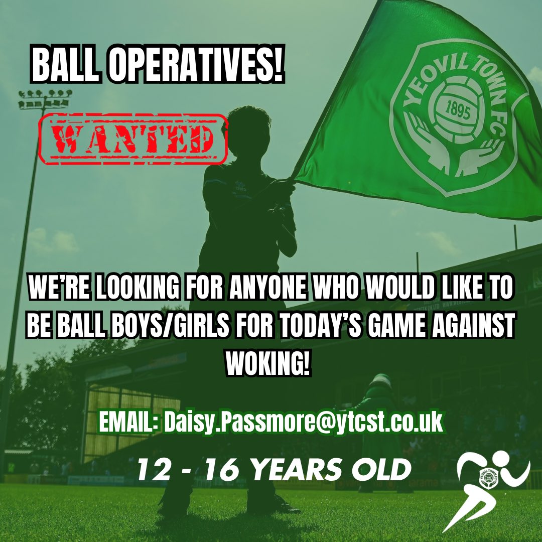 YTCST08's tweet image. BALL BOYS/GIRLS WANTED ‼️

We’re looking for anyone who would like to be a ball operative for today’s game against Woking. 

Please send us a message or email Daisy.passmore@ytcst.co.uk 

#YTFC