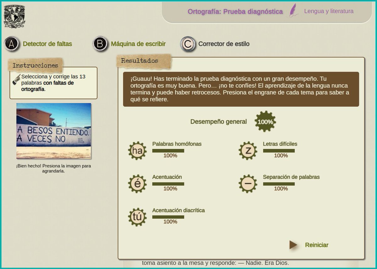 ¿Qué tan buena es tu ortografía?
Con esta página pondrás a prueba tu ortografía en tres retos diferentes: detector de faltas, máquina de escribir y corrector de estilo
objetos.unam.mx/literatura/ort…
Este es mi resultado 😌
