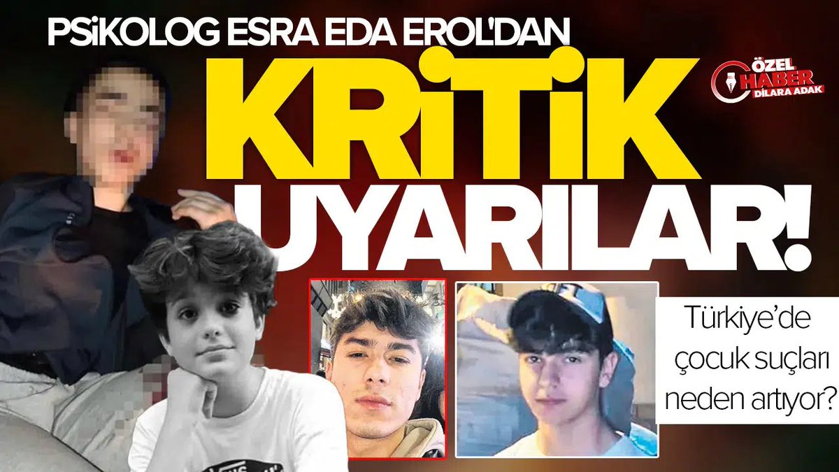 iscihaber's tweet photo. Türkiye’de çocuk suçları neden artıyor? Psikolog Esra Eda Erol'dan kritik uyarılar
Türkiye’de son dönemde çocukların işlediği cinayet ve yaralama vakalarında ciddi bir artış göze çarpıyor. İzmir’de iki polisi şehit eden 16 yaşındaki Eren Bigül’den, Ahmet Mattia Minguzzi’nin çocuk suçlular tarafından hayatını kaybetmesine kadar uzanan trajik olaylar, toplumda derin bir endişe yaratıyor. Neredeyse her gün yeni bir çocuk suçu haberi gündeme geliyor. Peki bu çocuklar neden böyle davranışlar sergiliyor? Çocuk Gelişimi Uzmanı ve Psikolog Esra Eda Erol ile, suça sürüklenen çocukların arkasındaki psikolojik ve toplumsal etkenleri konuştuk.
@dilaradka 
Detaylar için tıklayınız
https://t.co/ssiUJpnouF