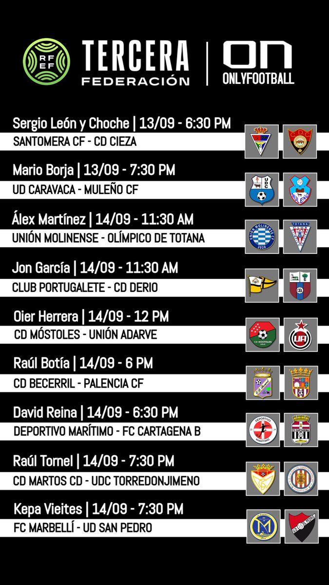 OnlyFootball_es's tweet photo. Calendario ๐
de partidos de este fin de semana en #3RFEF โฝ๏ธ
Esta vez, con un total de 9 partidos (y no 10), pues tendremos un enfrentamiento entre dos jugadores de #OnlyFootball : Sergio Leรณn (#SantomeraCF) y Choche (#CDCieza) ๐คบโ๏ธ
Suerte a todos ๐ค๐ฝ https://t.co/aKm0r2v0gD