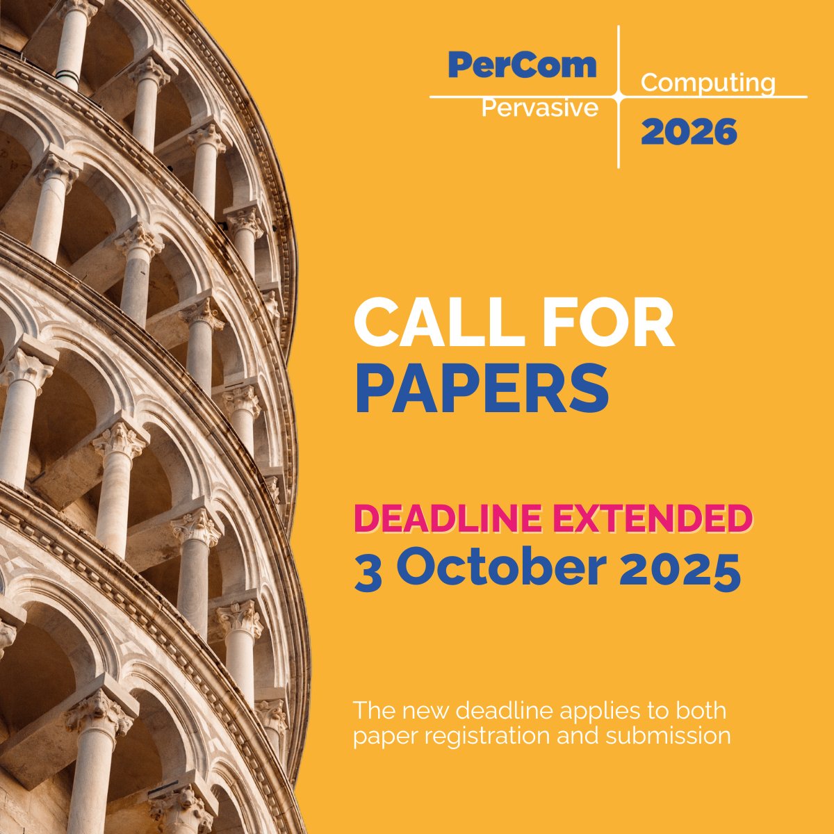 IEEEPerCom's tweet image. ⏳ 𝗗𝗲𝗮𝗱𝗹𝗶𝗻𝗲 𝗲𝘅𝘁𝗲𝗻𝗱𝗲𝗱!

The #PerCom2026 MAIN TRACK is open until Oct 3, 2025 🚀

📌 Register your paper in EDAS
🗓️ Submit your manuscript

Don’t miss your chance to contribute to #PerCom!

🔗 percom.org/call-for-paper…
#CallForPapers #IoT #PervasiveComputing @IEEE