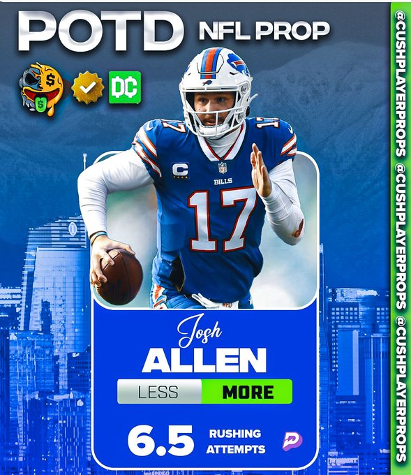 CushPlayerProps's tweet photo. 🏈⭐NFL POTD #1⭐🏈

Josh Allen (BUF) "O" 6.5 Rush Attempts🔥

50❤️/RT for another NFL Play!

Over with 11 rush attempts vs Detroit last season when Aaron Glenn was the Lions DC (now the HC of the Jets; NY using his defensive scheme).

Over in 4 of 6 games on the Road vs the Jets; divisional home game where NY routinely plays the Bills tough.

When playing 90% of the snaps or more, Josh went over in 10 of his last 13 games.

The Bills are naturally favored to win and kneeling at the end of the game could add 1-3 rush attempts (as long as it isn't a major blowout)