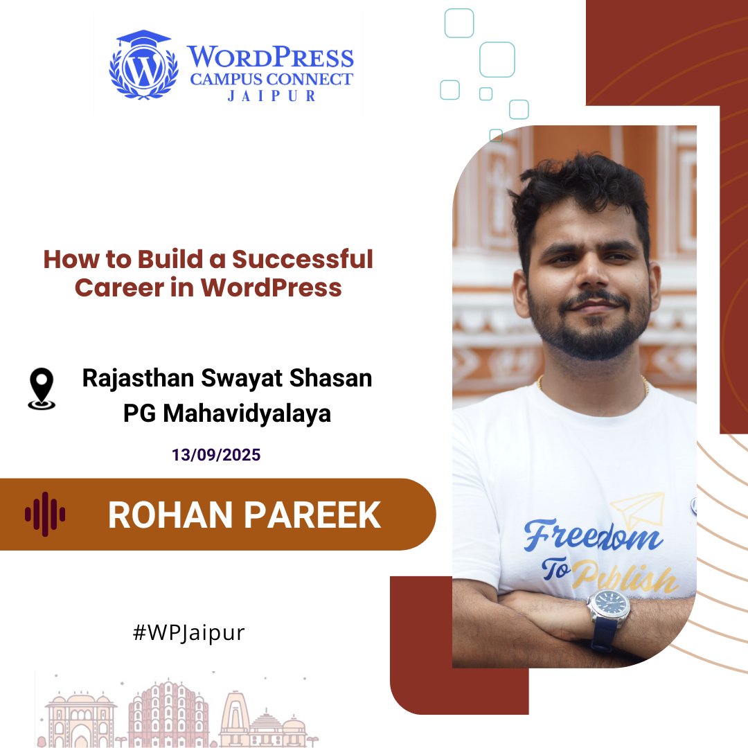 wordpressjaipur's tweet photo. Where can WordPress take you?
👨‍🏫 Speaker: Rohan Pareek
Topic: How to Build a Successful Career in #WordPress
💻 Web Developer
🖋️ Content Creator
🎨 Designer
🚀 Freelancer / Entrepreneur
💻 Digital Marketing

Dream big. Start today.

#WordPressCampusConnect #WPCommunity #WPJaipur https://t.co/mOXWeLcMa9
