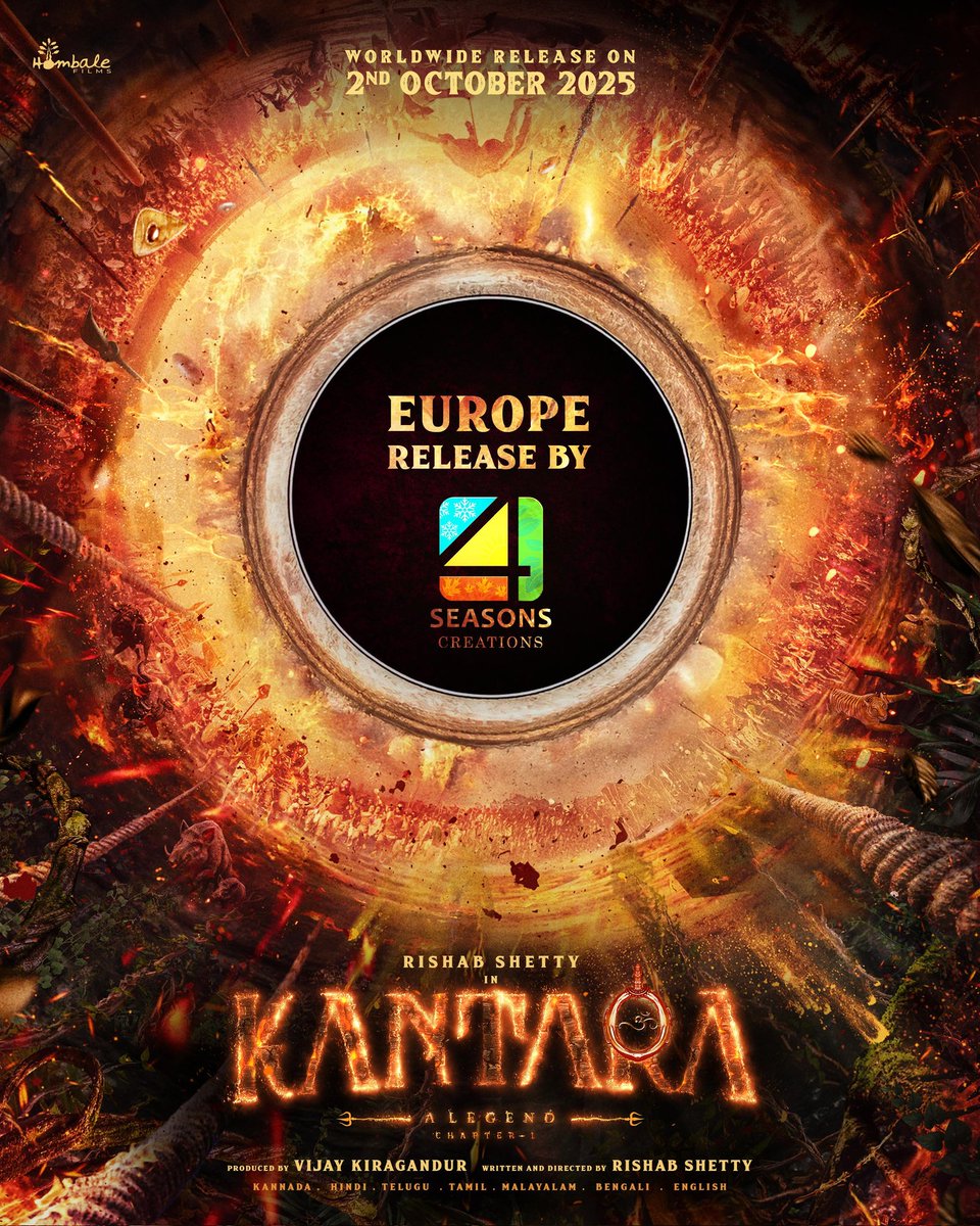 telugurajyam's tweet photo. From the roots of faith, a LEGEND rises 🔥
#KantaraChapter1 is set to roar into cinemas across 𝐄𝐮𝐫𝐨𝐩𝐞 on 𝐎𝐂𝐓𝐎𝐁𝐄𝐑 𝟐𝐧𝐝, 𝟐𝟎𝟐𝟓.
Releasing by #4SeasonCreation.
#Kantara #hombalefilms #KantaraFilm #shetty_rishab #VKiragandur #ChaluveG #rukminitweets #gulshandevaiah #ArvindKashyap #AJANEESHB #Banglan16034849 #PragathiRShetty #HombaleGroup #KantaraChapter1onOct2
