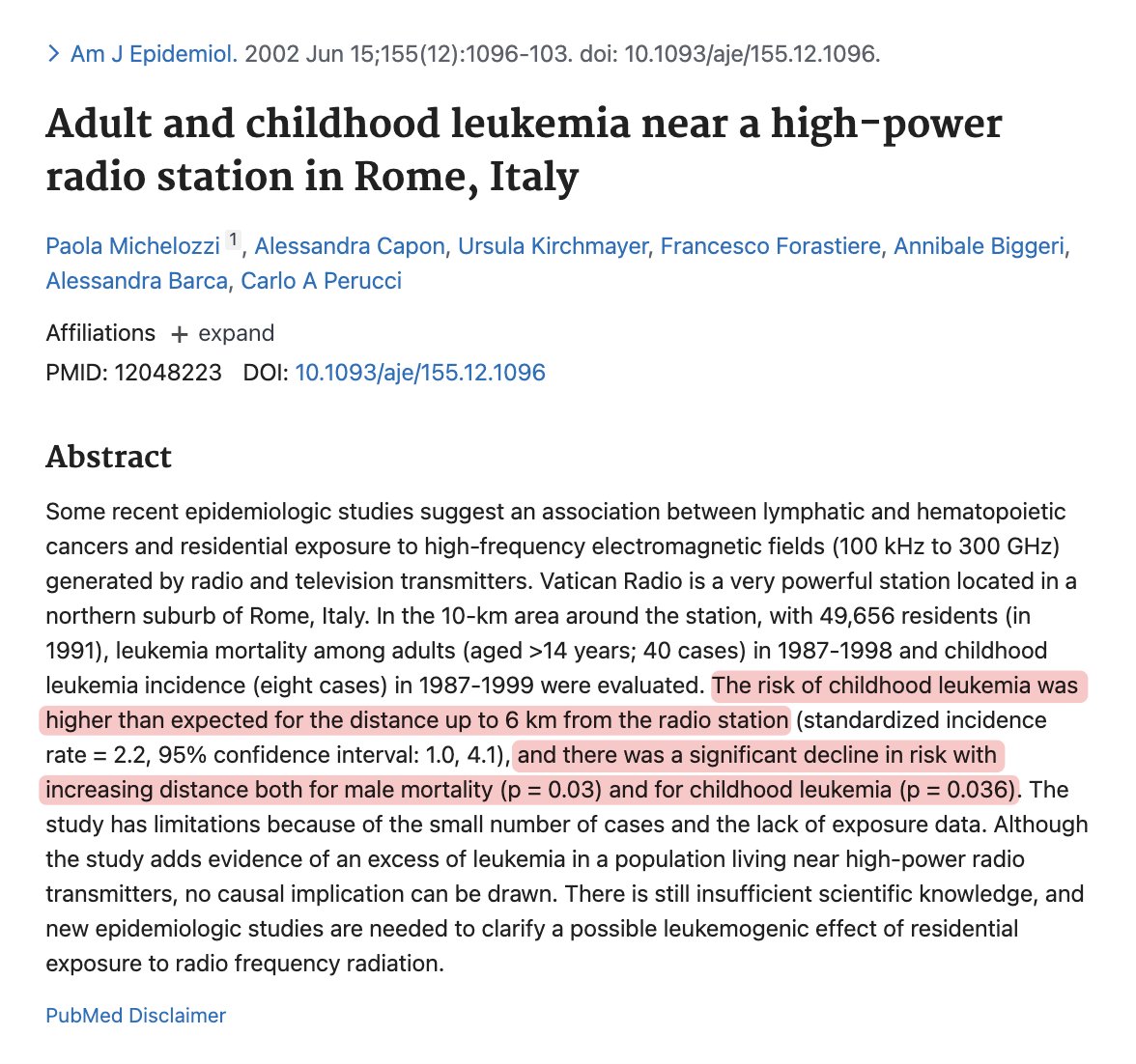 ze_rusty's tweet photo. Children living within 6 km of the Vatican Radio Transmitter had 2.2x higher leukemia rates than expected.

PMID: 12048223 https://t.co/g484lGDTog
