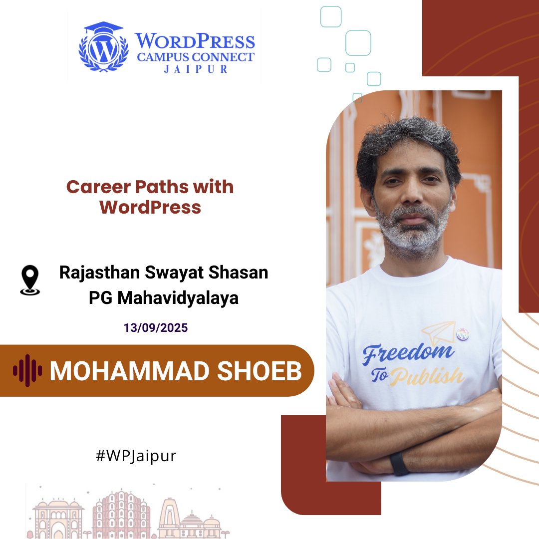wordpressjaipur's tweet photo. Meet our inspiring speaker — Mohammad Shoeb
Topic: Career in WordPress

From opportunities to growth paths, his session helped students discover how WordPress can shape their future 🚀

#WordPressCampusConnect #WPCommunity #WPJaipur #WordPress https://t.co/mbK3qgqns0
