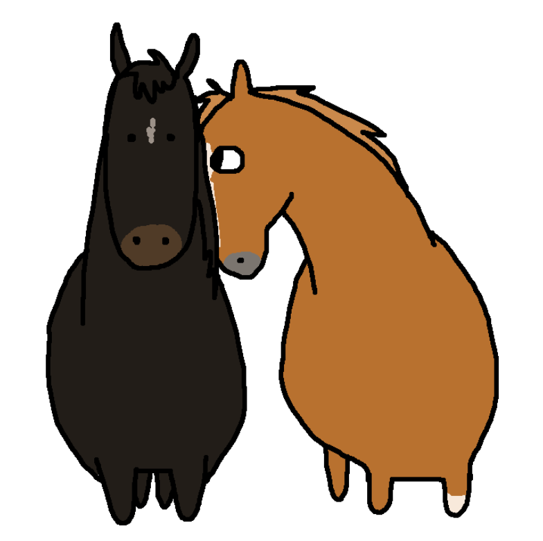 A black horse and a brown horse standing close together, their heads touching. Both horses have simple, cartoon-like designs with visible outlines and minimal details.