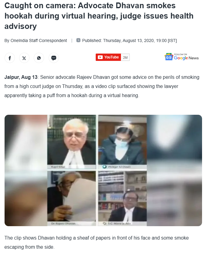 IndiaCrooks's tweet photo. @DrAMSinghvi In another incident, @INCIndia lawyer #RajeevDhawan was caught smoking #Hookah during court virtual-hearing. Judge had to issue health-warning to him. Why #CongressTrollArmy jump to any issue and embarrass itself? ₹500/Post?🤦♂️
#DirtyCongress @kharge
https://t.co/FEoUUysBuL https://t.co/tCeiHxXOMV