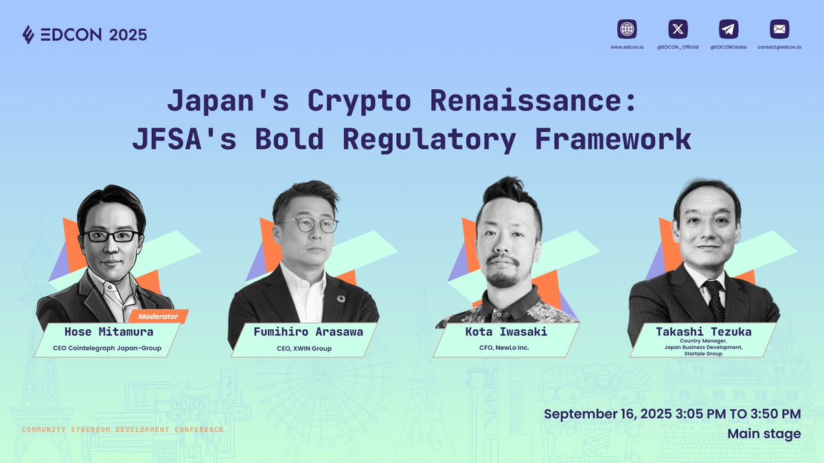 EDCON_Official's tweet photo. ‼️ Big news for Japan’s crypto scene: tax on crypto gains slashed from 55% → flat 20%! 🇯🇵🔥
Perfect timing for our Sep 16 EDCON2025 panel on Japan’s Crypto Renaissance, featuring a powerhouse lineup:
🎤 Moderator: Hose Mitamura (CEO, @JpCointelegraph)
👥 Panelists:
@FumihiroArasawa (CEO, @xwinfinance)
@takatezu (BD & Country Manager, @StartaleGroup)
@kotaiwasaki (CFO, @NewLo_official)
Who hasn't grabbed a seat?
👉 https://t.co/T4VQf5PWNK
