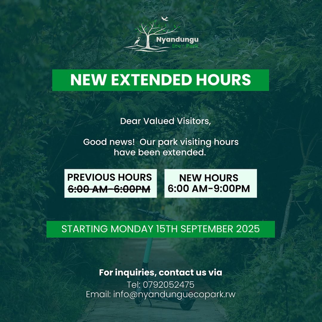Dear valued visitors, 

Nyandungu Eco-Park hours have been extended! Now open 6:00 AM – 9:00 PM starting 15th September.

Enjoy longer visits and more time to explore and connect with nature. 🌿 ✨

#NyandunguExperience #VisitNyandunguEcoPark 
#VisitRwanda