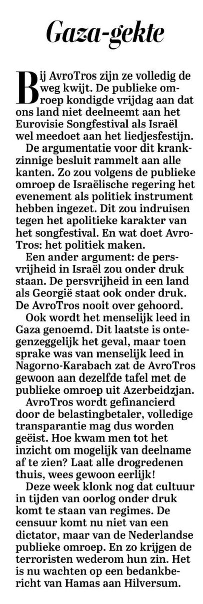 RonnyNaftaniel's tweet image. Commentaar vd Telegraaf: De #AVROTROS heeft het songfestival politiek gemaakt. 
“Het is nu wachten op een bedankbrief van #Hamas aan Hilversum”.