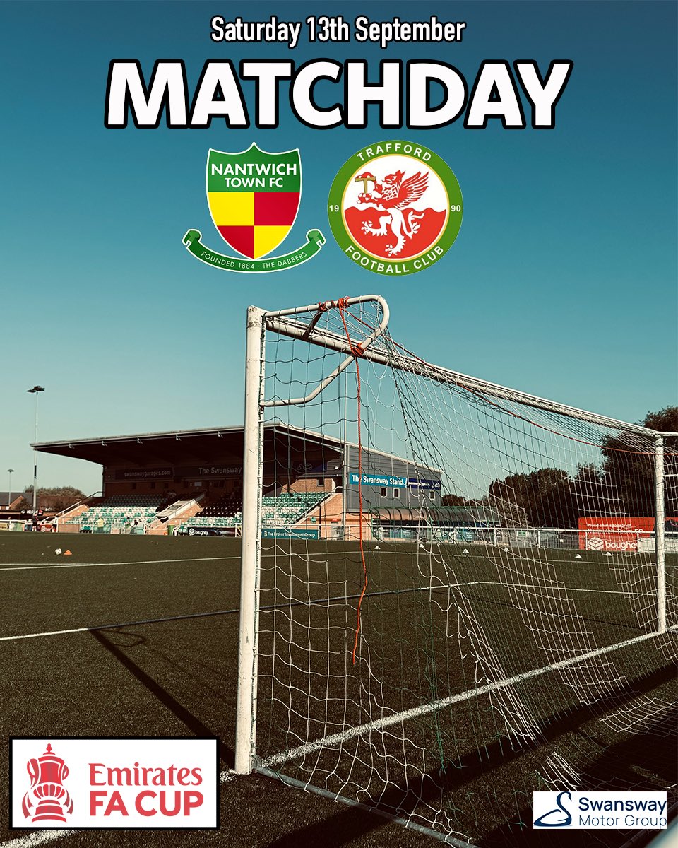 ⚽️| 𝗜𝗧'𝗦 𝗠𝗔𝗧𝗖𝗛𝗗𝗔𝗬!

Join us at the Swansway as the Dabbers and Trafford look to continue their FA Cup runs 👊

🆚 Trafford FC
🏟️ Swansway Stadium, CW5 5BS
🗓️ 13/9/25
⏰ 15:00
🎟️ tinyurl.com/zrym6897

#UpTheDabbers💚