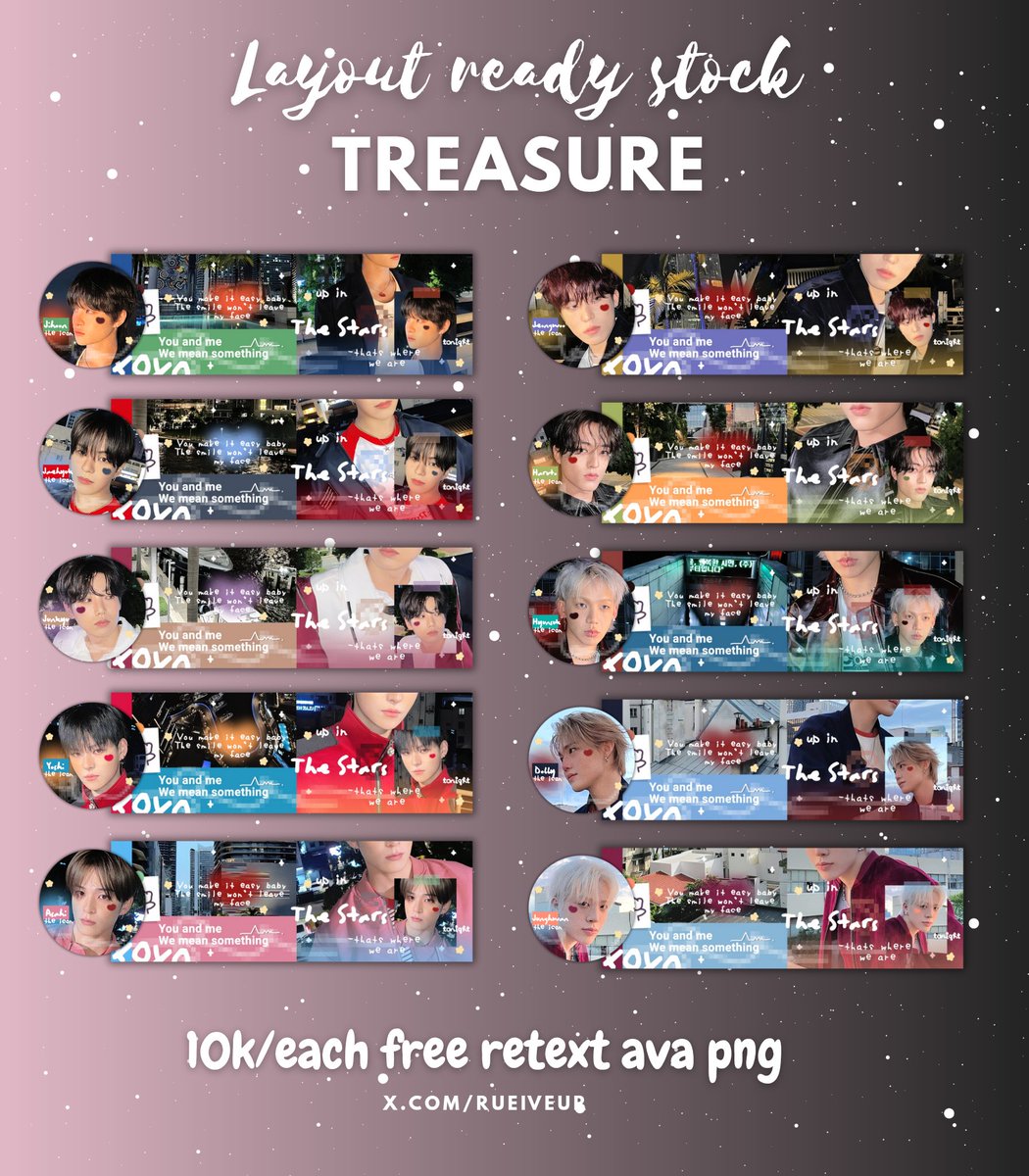 ┈─ help rt? thankyou! 🐈‍⬛

halo rue ada layout treasure ⭐ prici tertera di pict dan siap dijemput 'free retext' grab yours! {jihoon, jaehyuk, junhyuk,yoshi,asahi,jeongwoo,haruto,hyunsuk,dobby,junghwan} 

[ #zonauang ]