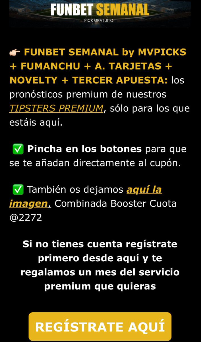 ¡Buenos días Sábado! ☕️

📩 NEWSLETTER ENVIADA!!! 

FUNBET en Winamax de <a href="/JaviMVPicks/">Javi MVPicks</a> + <a href="/fumanchupicks/">Fumanchupicks</a> + <a href="/apuestastarjeta/">Apuestas Tarjetas</a> + <a href="/NoventeroFutbol/">Novelty</a> + <a href="/terceraapuestas/">Tercera Apuestas</a> CUOTA @2272 publicada 💣 

🚨 Suscríbete desde AQUÍ 👉 bet2earn.beehiiv.com/subscribe

Si no te ha llegado habla a