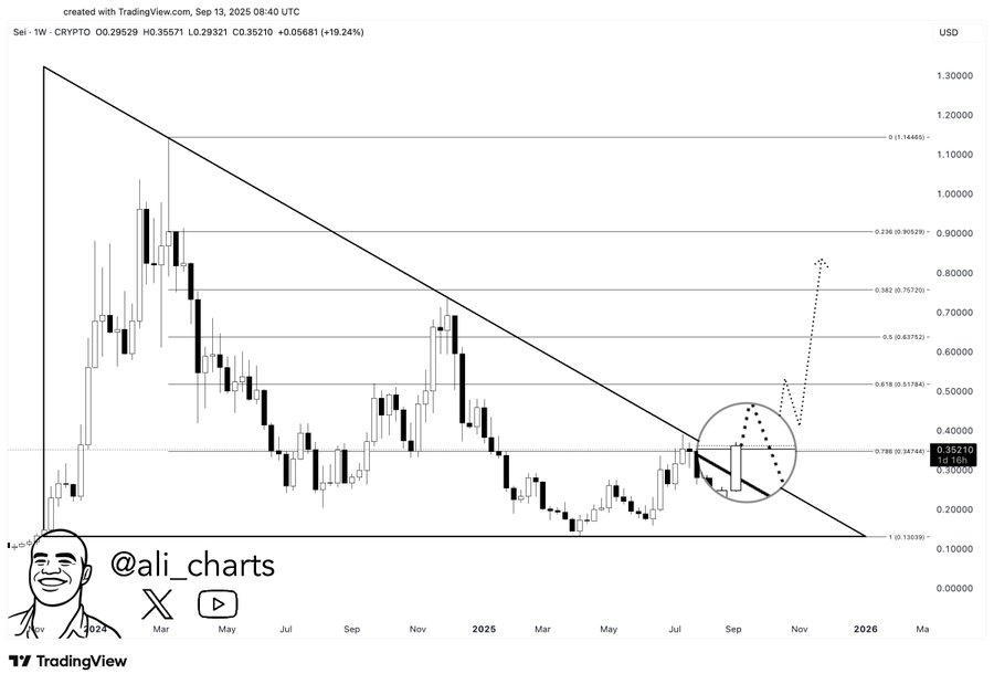 A candlestick chart displaying price movements of SEI cryptocurrency over time, spanning from 2023 to 2024. A descending trendline crosses the chart, intersecting price points. A circled area highlights a breakout point near the trendline. Numerical values on the right axis range from 0.2000 to 1.0000, indicating price levels. A watermark reads "created with TradingView, Sep 15, 2024 04:46 UTC."