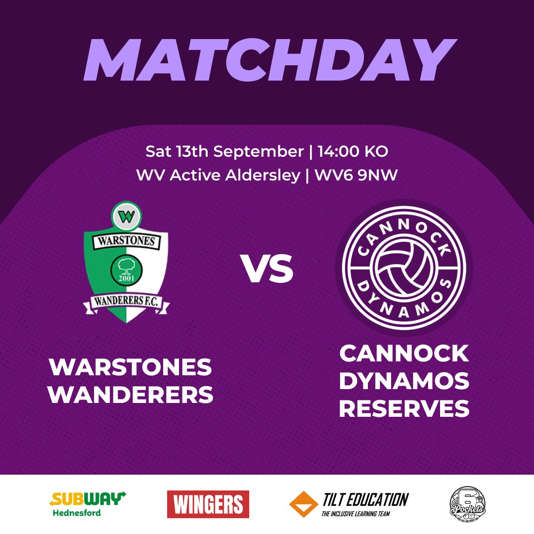 Cannock Dynamos F.C. (@cannockdynamos) on Twitter photo 🟣⚪️CANNOCK DYNAMOS RESERVES LEAGUE GAME⚪️🟣
🏆 SCSL Division 1 East
📅 Saturday 13th September
⏰ 2:00pm KO
🏟️ WV Active Aldersley, WV6 9NW
🆚 <a href="/WWFC2001/">Warstones Wanderers F.C</a>
🎟️ Adults £4, Concessions £2 🟣⚪️CANNOCK DYNAMOS RESERVES LEAGUE GAME⚪️🟣
🏆 SCSL Division 1 East
📅 Saturday 13th September
⏰ 2:00pm KO
🏟️ WV Active Aldersley, WV6 9NW
🆚 <a href="/WWFC2001/">Warstones Wanderers F.C</a>
🎟️ Adults £4, Concessions £2