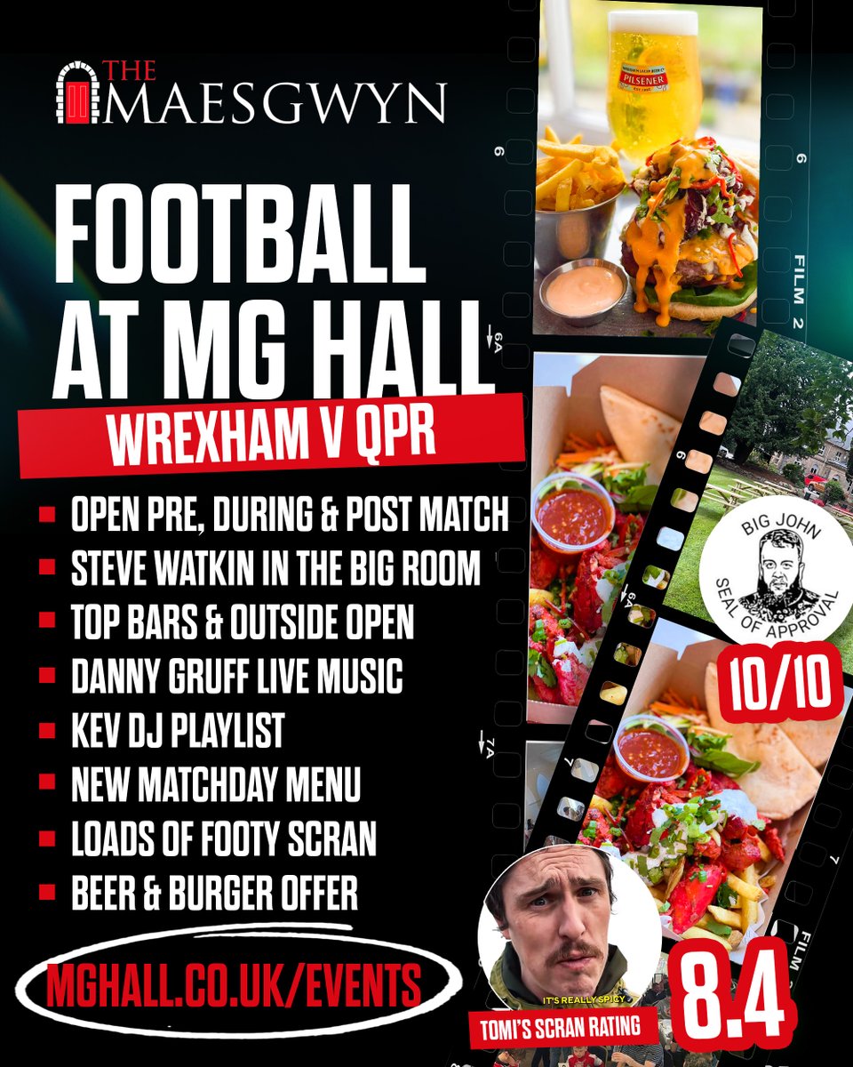 Today at Maesgwyn...

✅OPEN PRE, DURING AND POST MATCH
✅STEVE WATKIN IN THE BIG ROOM
✅TOP BARS &amp; OUTSIDE OPEN
✅DANNY GRUFF LIVE MUSIC
✅KEV DJ PLAYLIST
✅NEW MATCHDAY MENU
✅FOOTY SCRAN
✅BEER &amp; BURGER OFFER

❌NO PARKING❌