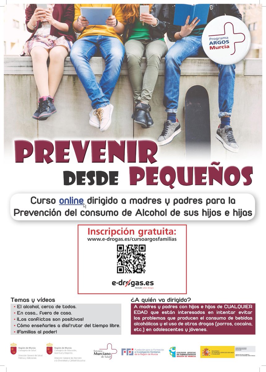 📢 La Consejería de Salud ofrece un nuevo curso online 💻 que tiene como objetivo enseñar a los padres  👨‍👩‍👦‍👦 a evitar  el consumo de alcohol en las familias de la Región.

Bajo el nombre ‘Prevenir desde pequeños: Curso destinado a padres y madres para la prevención del consumo de