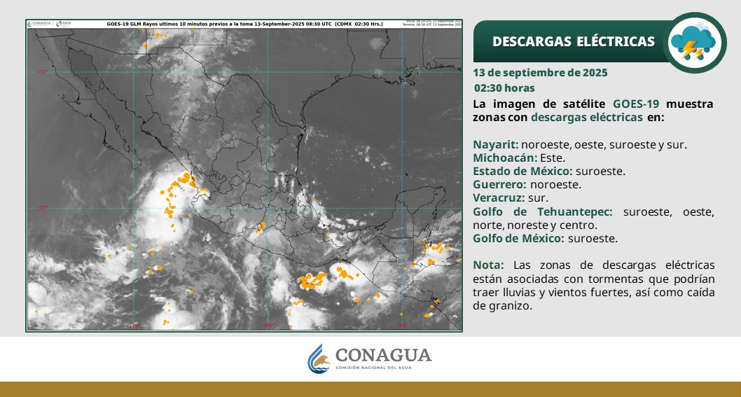Imagen de satélite GOES -19, muestra zonas con #DescargasEléctricas.