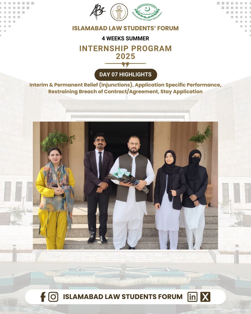Isblawstudents's tweet photo. Day 07 Highlights
Civil Drafting 
Our distinguished Speakers, 
Advocate Syed Sabee ul Hassan
Former Civil Judge
delivered their practical insights on:
Interim &amp; Permanent Relief (Injunctions)
Application for Specific Performance
Restraining Breach of Contract
Stay Application https://t.co/Dlh9tNXmTI