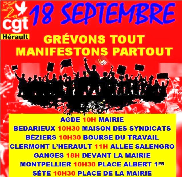 📢 #CGT #Hérault
✊ 18/09 : GRÉVONS TOUT, MANIFESTONS PARTOUT !
AGDE 10h Mairie • BÉDARIEUX 10h30 Syndicats • BÉZIERS 10h30 Bourse du travail • CLERMONT L' HÉRAULT 11h Allée Salengro • GANGES 18h Mairie • MONTPELLIER 10h30 Albert 1er • SÈTE 10h30 Mairie
#Grève #18septembre