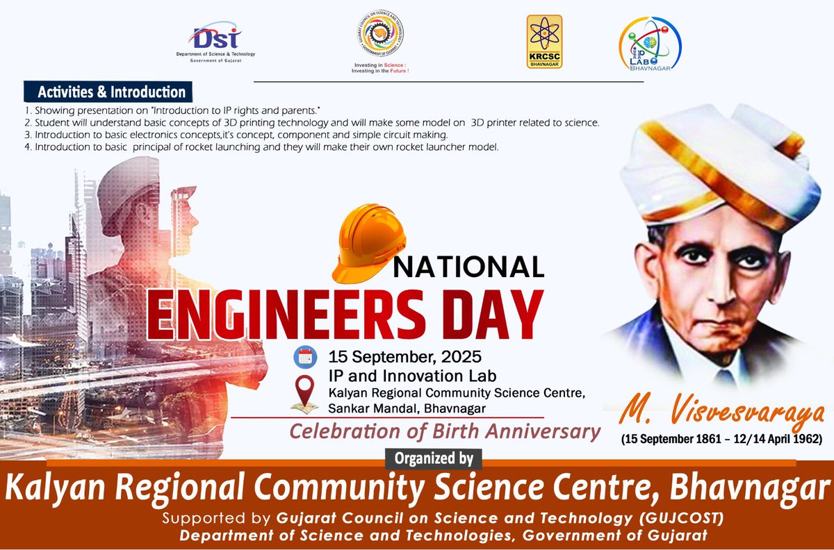 krcscbhavnagar's tweet photo. #KRCSCBhavnagar will celebrate #NationalEngineersDay on 15th September at the @iplab_bvn, featuring sessions on #IPrights, #3Dprinting, #BasicElectronics, and #rocketlaunching models to inspire creativity and innovation among students.
@InfoGujcost @dstGujarat @narottamsahoo https://t.co/OzC2XoFdDR