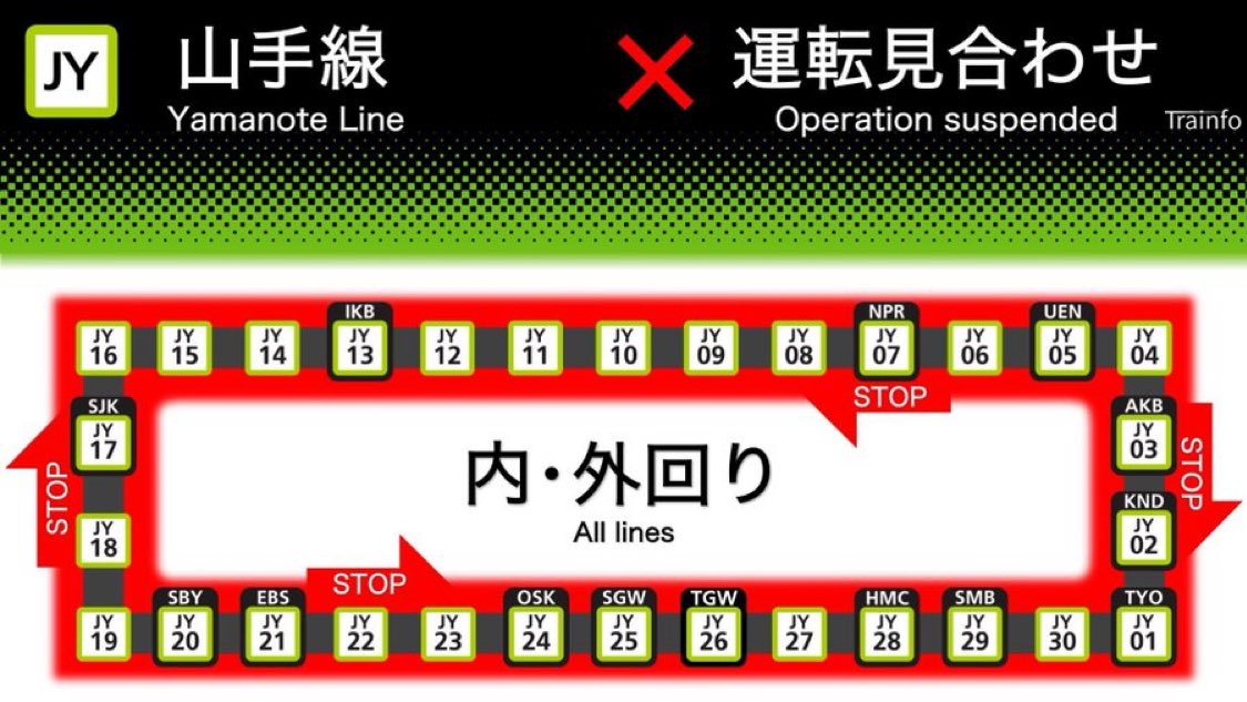 【山手線 内･外回り 運転見合わせ】
山手線は、新宿駅での人身事故の影響で、一部の内･外回り電車で運転を見合わせています。