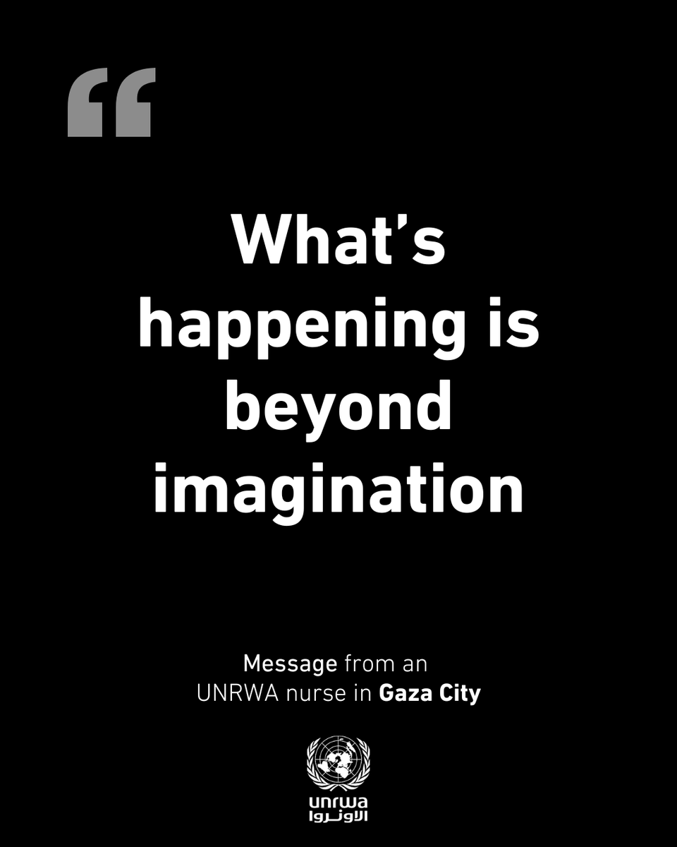 UNRWA's tweet photo. People in #Gaza City are living through the unimaginable.

“All you see is destroyed houses and roads. Air strikes can happen anytime and anywhere. I am always worried and scared,” an UNRWA staff nurse told us.

The Israeli military operation must stop.

#CeasefireNow https://t.co/bJv11jSMxK