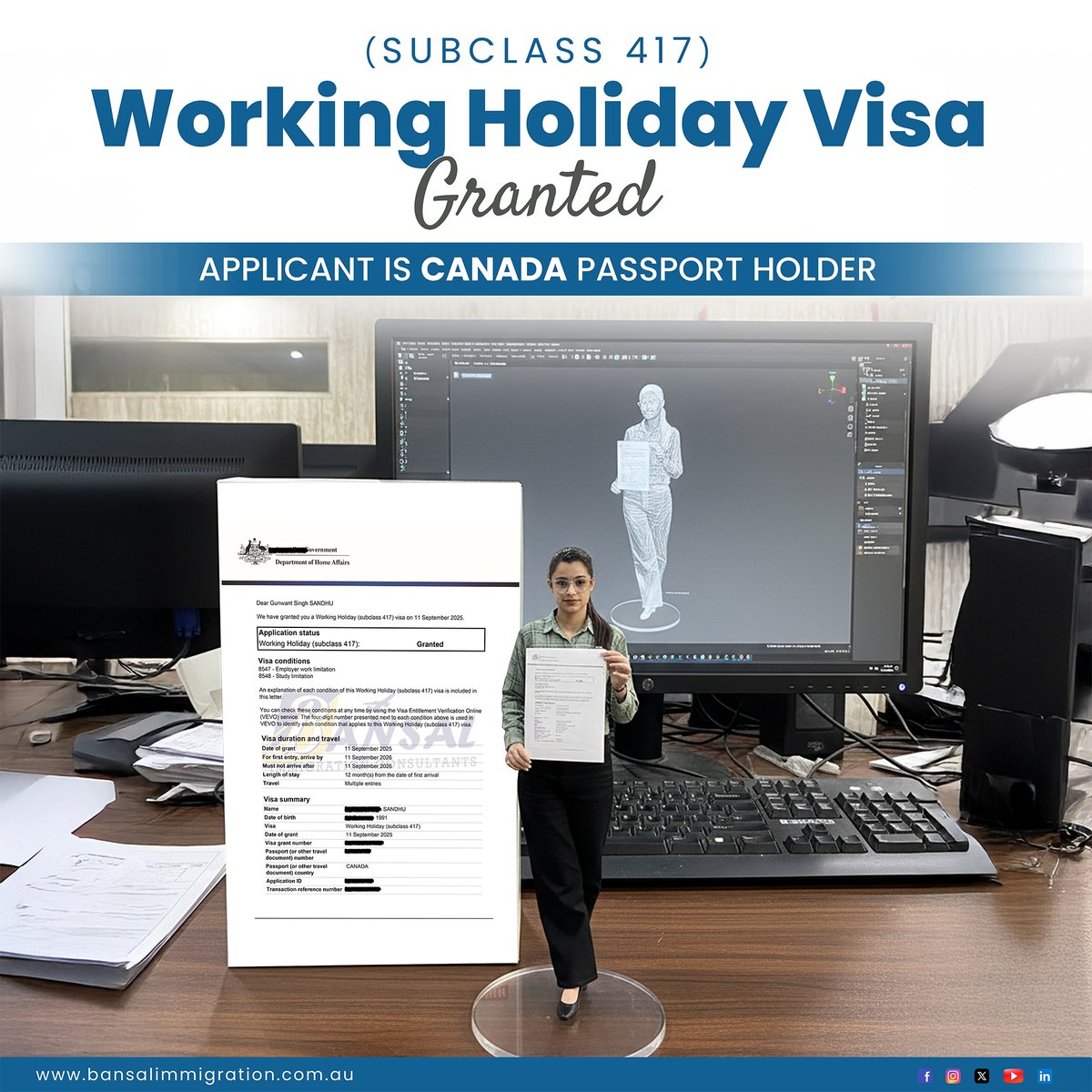 Bansalimmi's tweet image. 🎉 Exciting News! 🎉
Working Holiday Visa Subclass 417 Granted  for a Canada passport holder 

🇦🇺Australia is now open for amazing opportunities, travel, and work experience. 

#WorkingHolidayVisa #Subclass417 #AustraliaVisa #CanadaToAustralia #Bansalimmigration