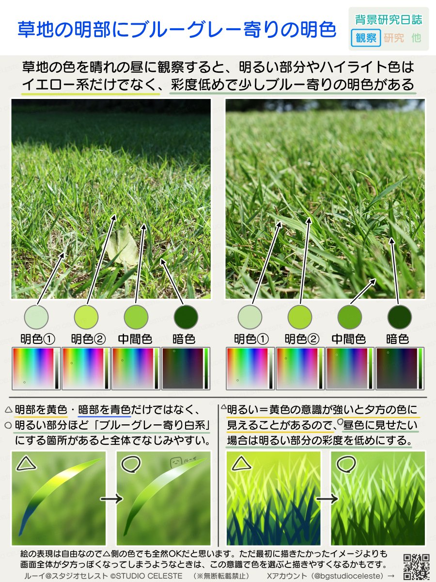 #背景研究日誌
草地の明部にブルーグレー寄りの明色
昼の草地を描くときに意図せず夕方っぽくなってしまうときは、この意識で色を選ぶと描きやすいかもです
（ケースバイケースなところもあります）