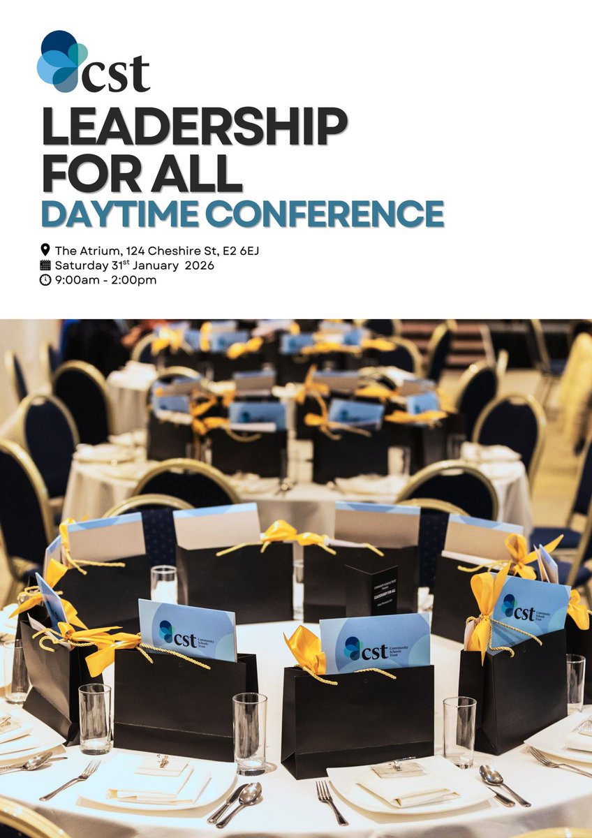 The <a href="/CST_London/">The Community Schools Trust</a> Leadership for All conference is back, this time in the day! 

Sign up early to bag your seat: eventbrite.com/e/cst-leadersh…