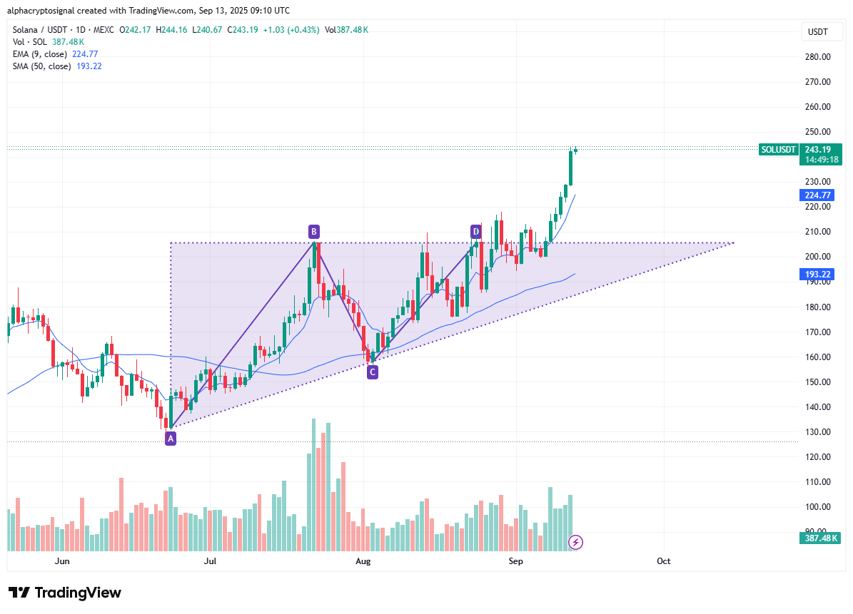 #SOL Update:

$SOL delivered exactly as expected — the ascending triangle on the 4h timeframe broke out cleanly, and price surged straight past the $230–240 target zone. Currently, $SOL is trading around $243, confirming the bullish continuation and validating the breakout setup.