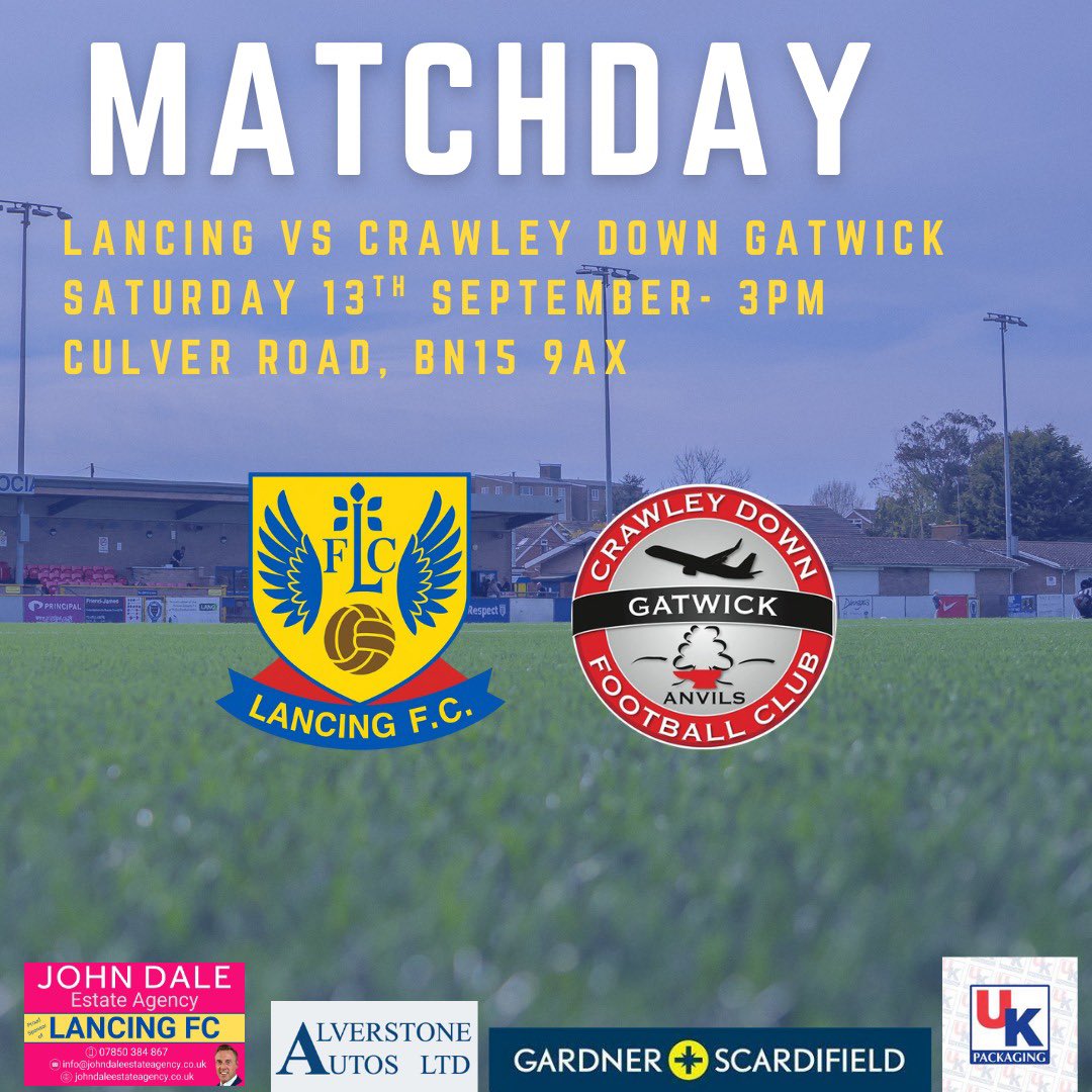 It's Matchday! 🌦️

🆚 <a href="/OfficialCDGFC/">Crawley Down Gatwick</a> 
🏆 Southern Combination Football League
🏟️ Culver Road, BN15 9AX
🕒 3PM
🎟️ £8 Adults, £5 Concessions, £2 Under 16s 
🍔🍻 Hot and Cold food and drink available
📖 Printed Programme £2 
💵💳 Cash and Card Accepted